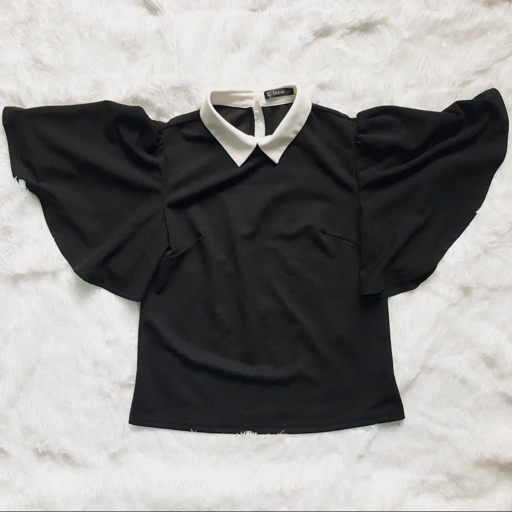 SHEIN Black Angel Sleeve Blouse White Collar EUC